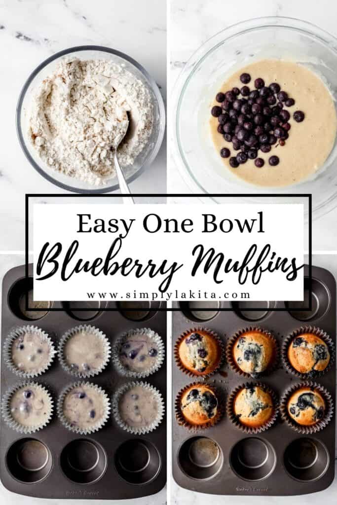 Four photos of process to make blueberry muffins pin with text overlay.