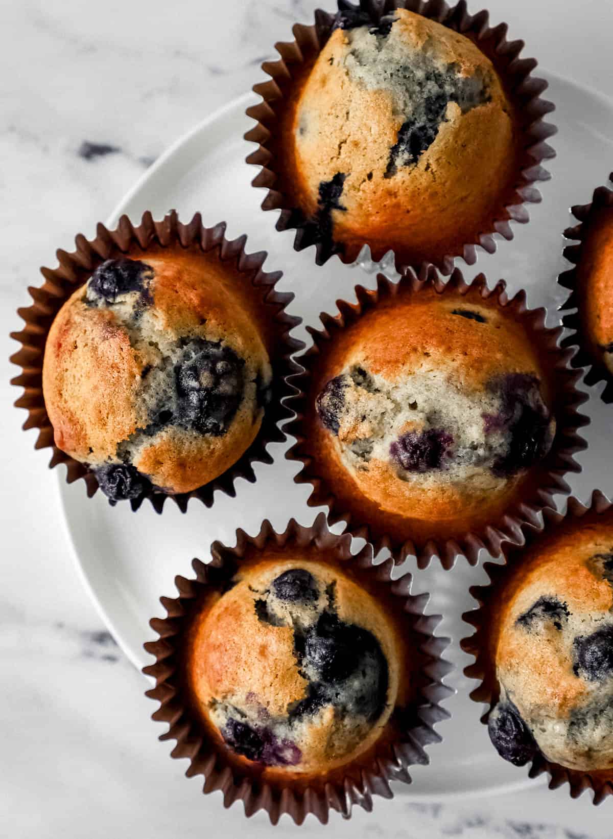 Overhead view of finished blueberry muffins on white plate. 