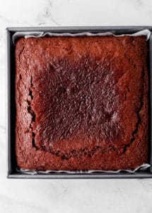 Baked gingerbread cake in parchment lined baking pan.