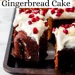 Close up side view of cut cake on baking sheet pin with text overlay.