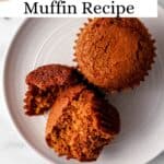 Overhead view of two muffins on a plate pin with text overlay.