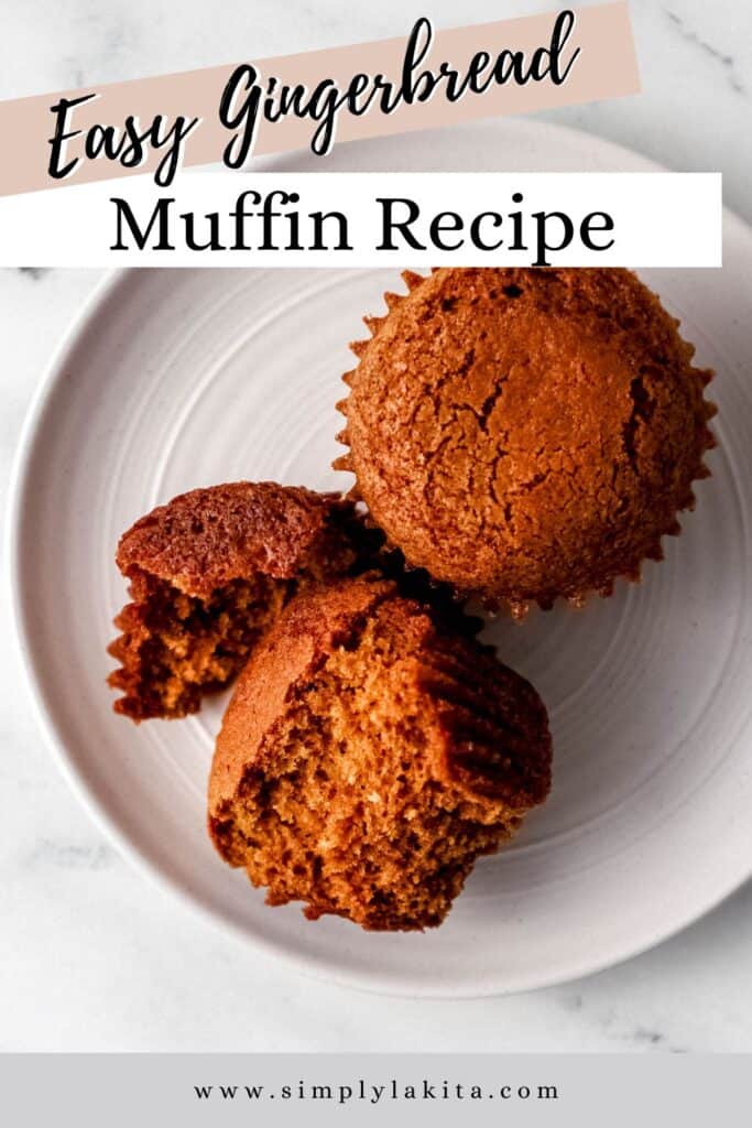 Overhead view of two muffins on a plate pin with text overlay.