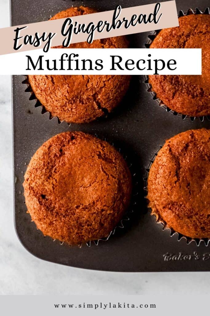 Overhead view of baked muffin in pan pin with text overlay.