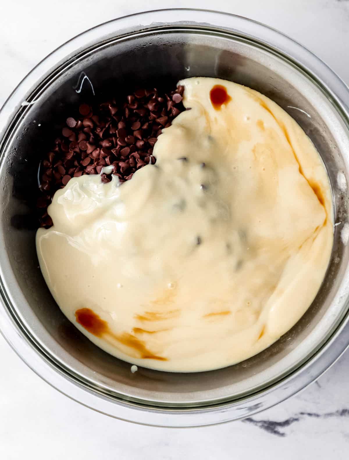 Fudge ingredients added to double boiler. 