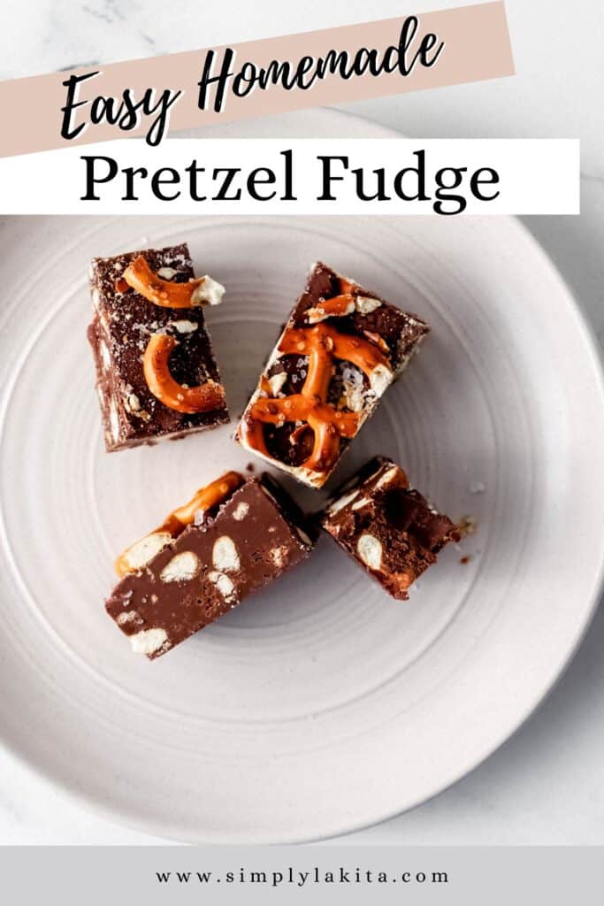 Overhead view of four pieces of fudge on plate pin with text overlay.