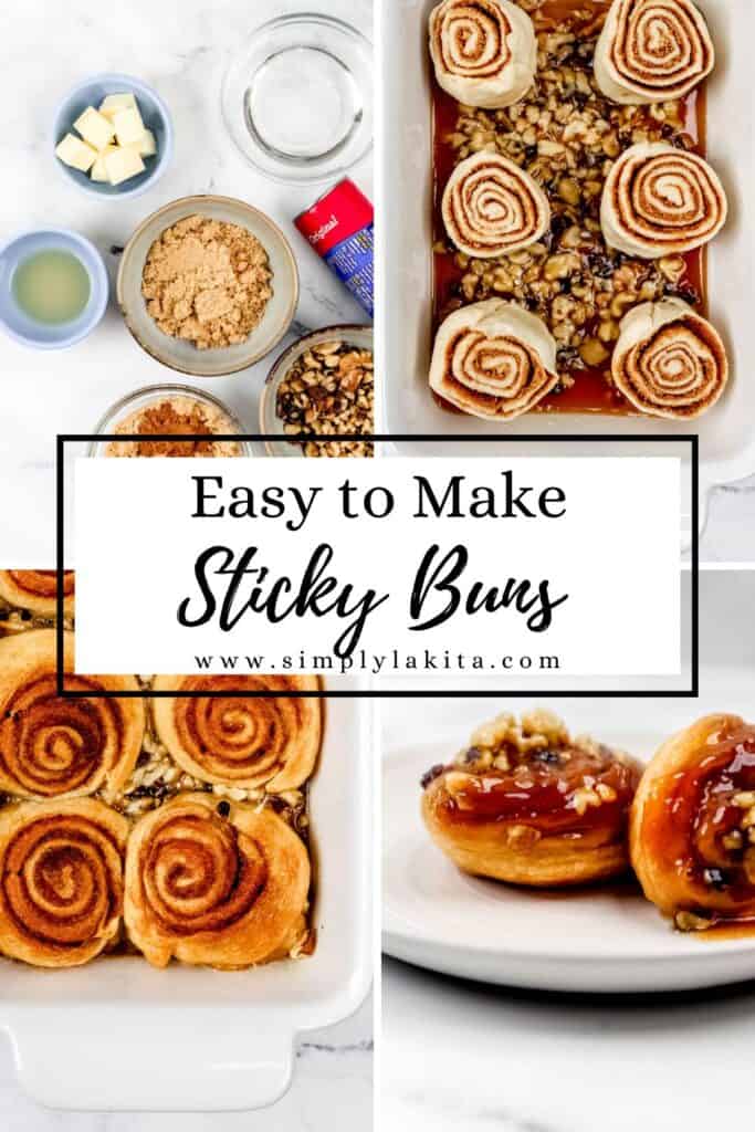 Four process shots to make sticky buns on pin with text overlay.