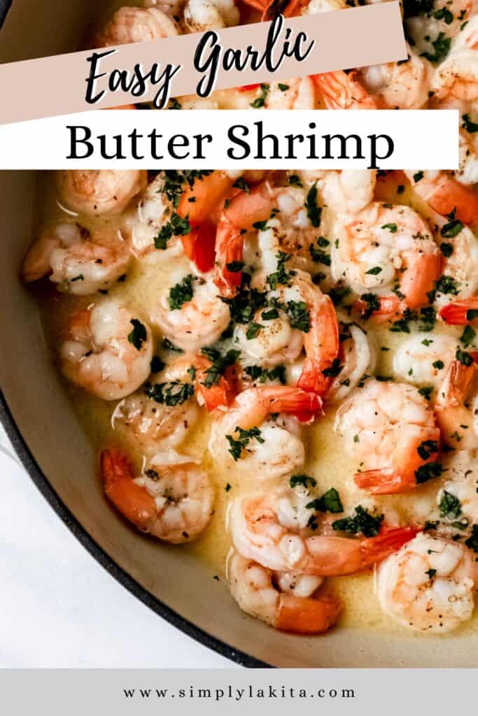 Close up view of shrimp topped with parsley in pan pin with text overlay.