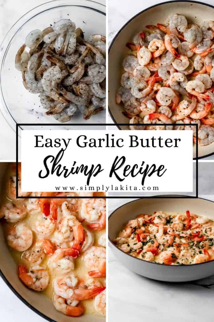 Four process photos to make garlic butter shrimp on pin with text overlay.