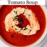 Close up view of bowl of finished soup pin with text overlay.