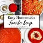 Four process shots to make tomato soup on pin with text overlay.