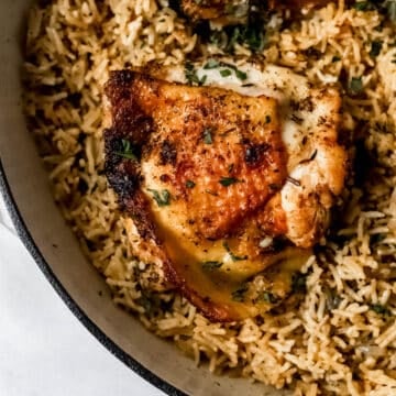 Close up view of finished chicken and rice in pan.