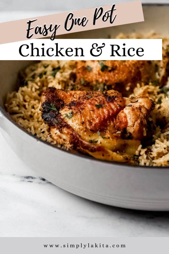 Close up side view of chicken and rice in pan pin with text overlay.