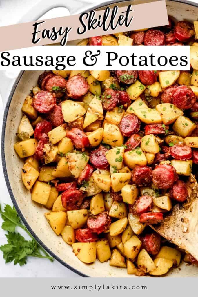Overhead view of sausage and potatoes in braiser with wooden spoon in it pin with text overlay.