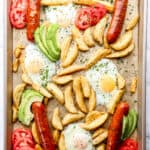 Overhead view of finished breakfast on sheet pan.