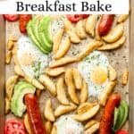 Overhead view of sheet pan breakfast bake pin with text overlay.