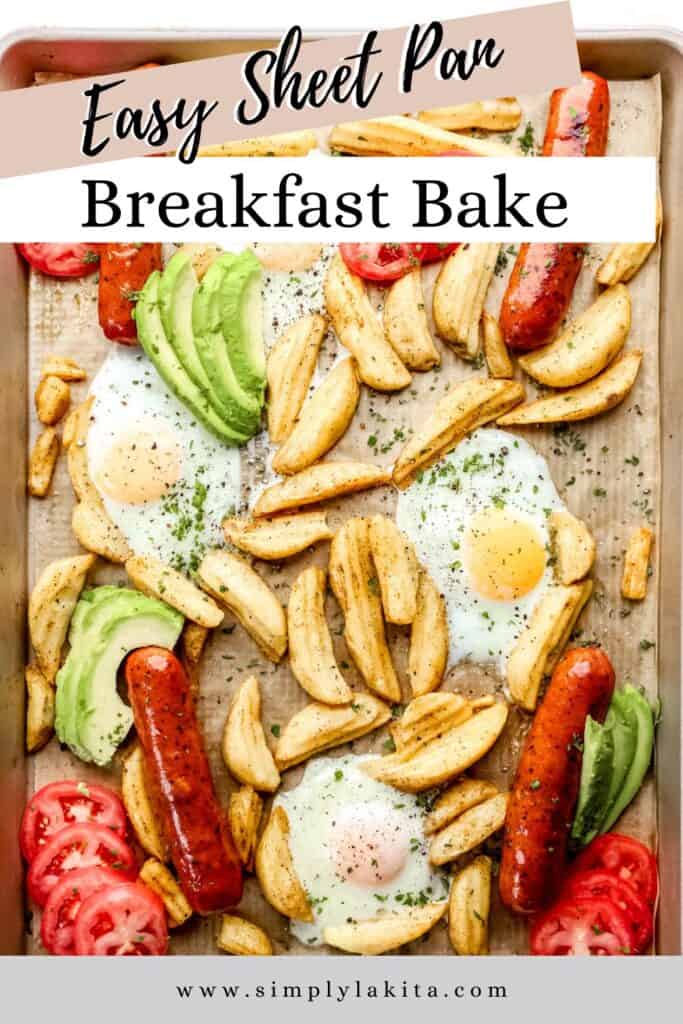 Overhead view of sheet pan breakfast bake pin with text overlay.