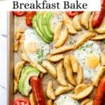 Overhead view of parchment lined baking sheet with breakfast on it pin with text overlay.