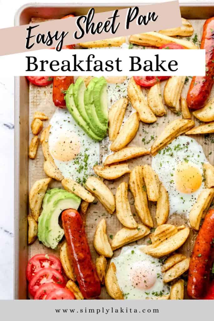 Overhead view of parchment lined baking sheet with breakfast on it pin with text overlay.