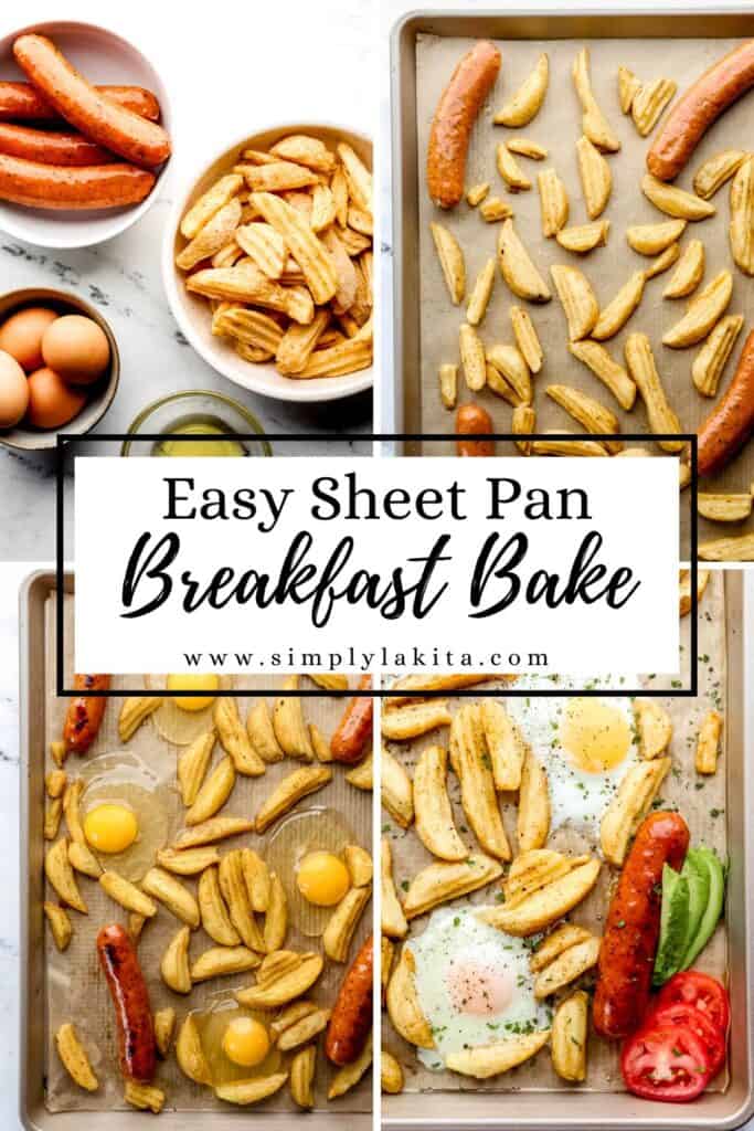 Four photos of process to make sheet pan breakfast on a pin with text overlay.