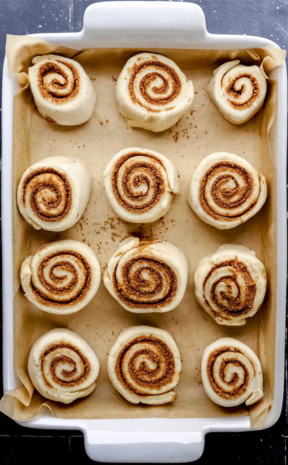 Overhead view of cut cinnamon rolls in parchment lined baking dish before rising. 