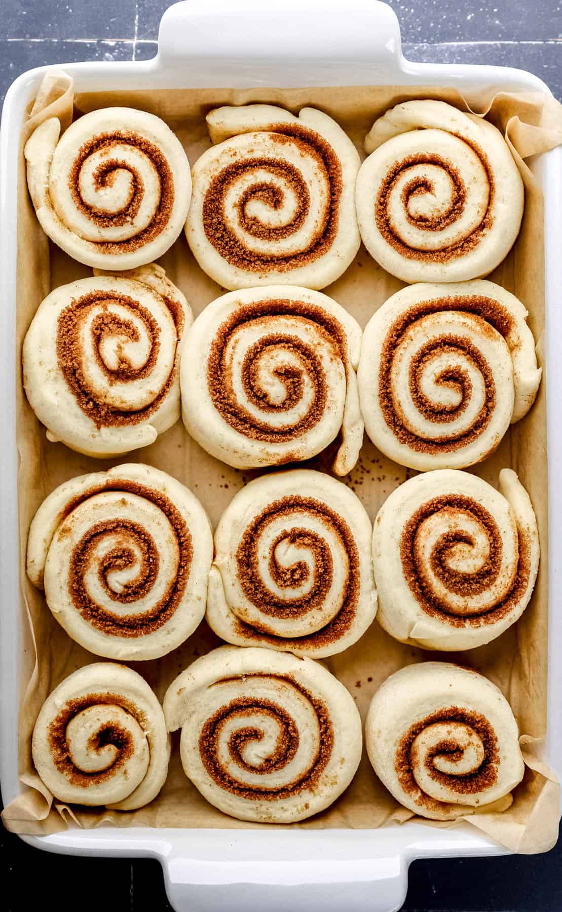 Overhead view of cut cinnamon rolls in parchment lined baking dish after having time to rise and double in size. 
