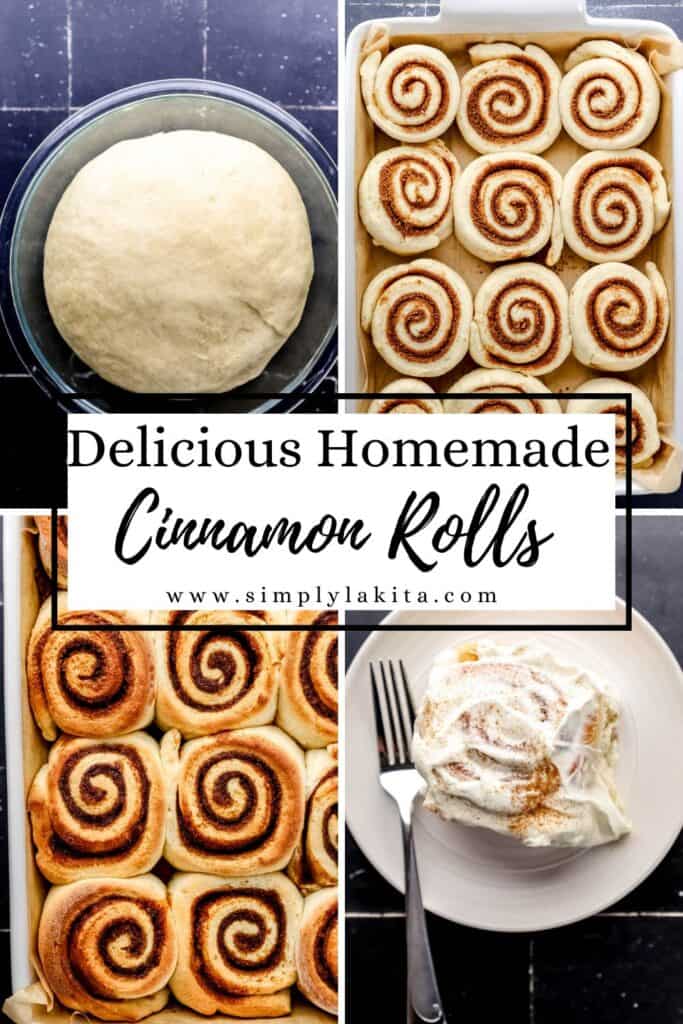Four photos of process to make cinnamon rolls pin with text overlay.