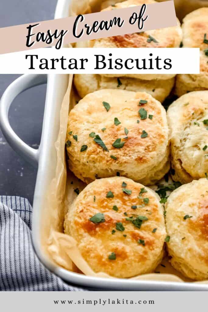 Close up side view of biscuits in baking dish pin with text overlay.