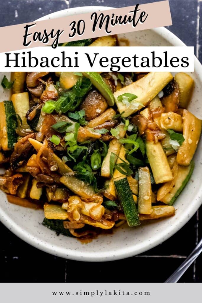Close up view of hibachi veggies in a white bowl pin with text overlay.