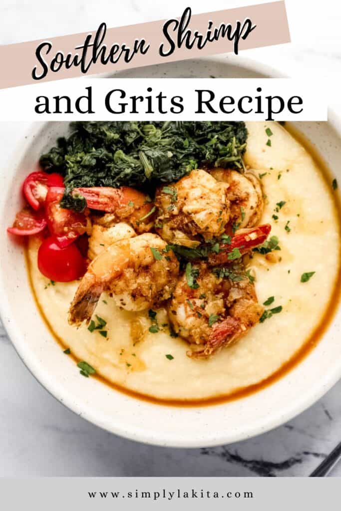 Overhead view of shrimp and grits in bowl pin with text overlay.