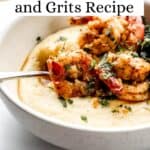 Close up side view of shrimp and grits in bowl pin with text overlay.