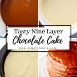Four process shots to make chocolate cake on pin with text overlay.