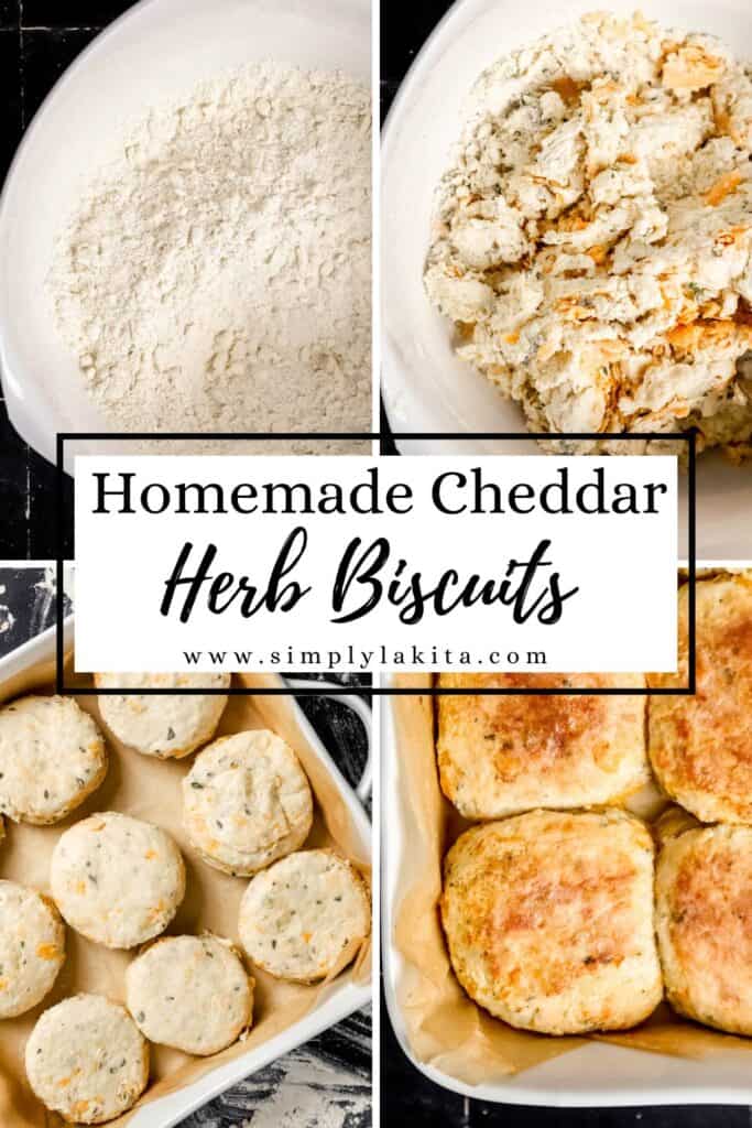 Four process shots to make cheddar herb biscuits on pin with text overlay.