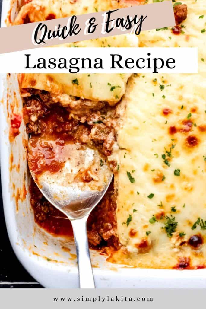 Overhead view of lasagna in white pan with serving spoon in it pin with text overlay.