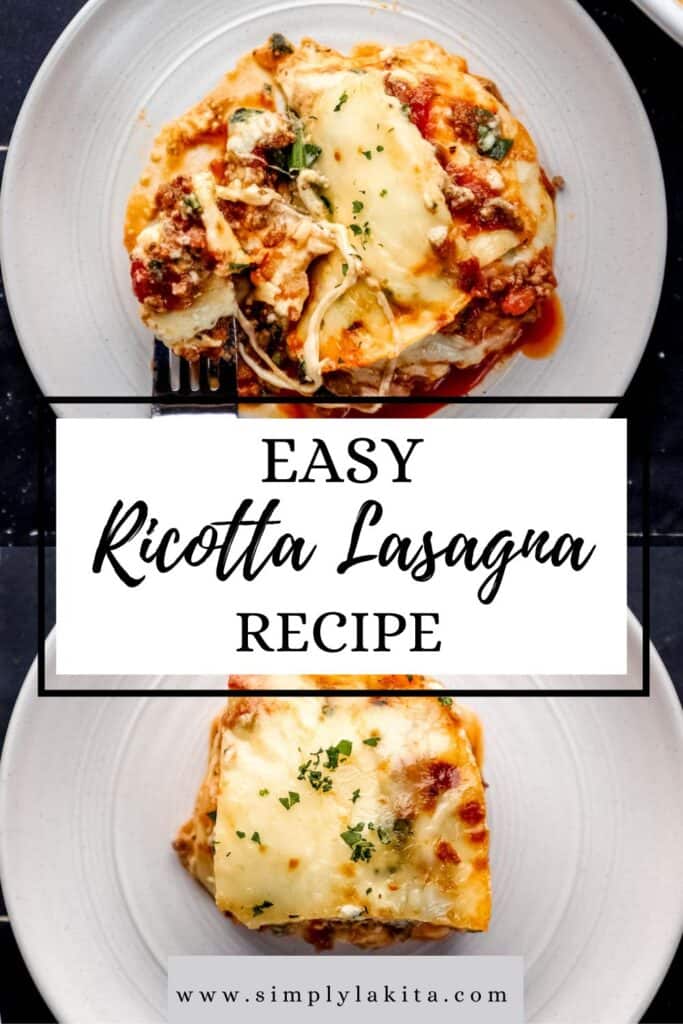 Two white plates with serving of lasagna on pin with text overlay.