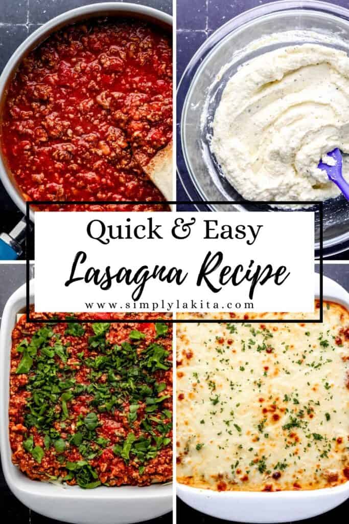 Four process shots to make lasagna on pin with text overlay.
