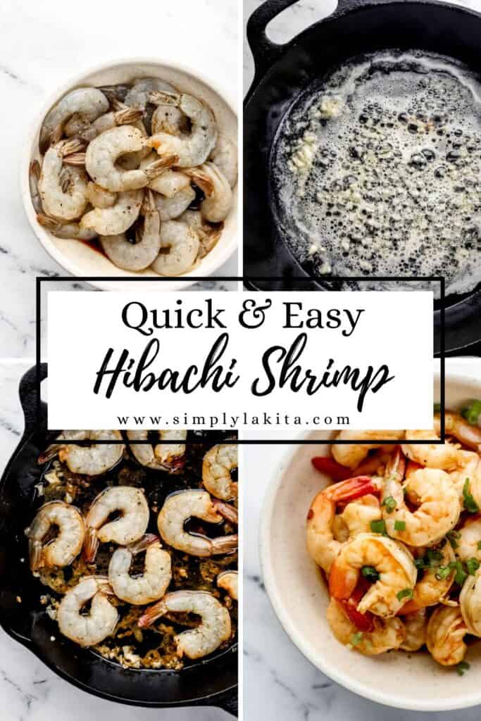 Four photos of the process to make hibachi shrimp on pin with text overlay.