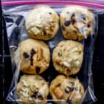Overhead view of bag with six balls of frozen cookie dough in it.