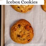 Overhead view of cookies on parchment lined baking sheet pin with text overlay.