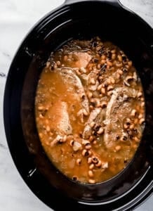 Finished peas and pork chops in slow cooker.