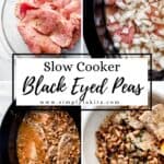 Four photos of process shots to make black eyed peas pin with text overlay.