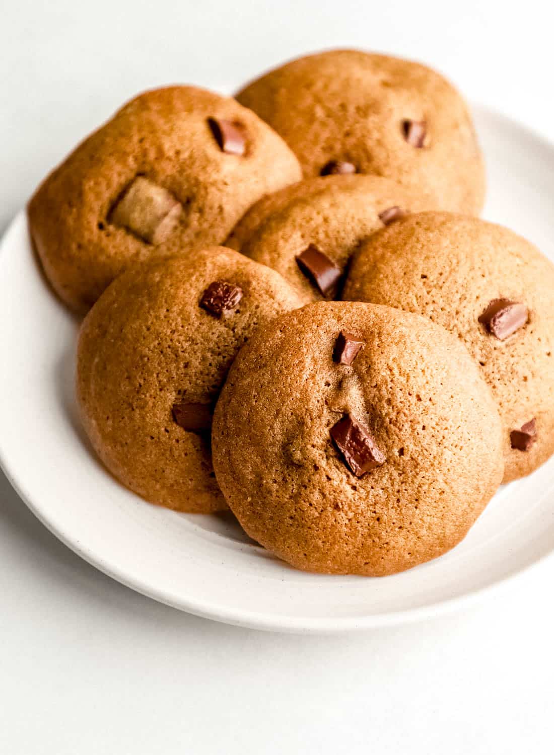 Close up front view of white plate with coffee cookies on it. 