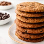 Close up view of stack of cookies on a plate.