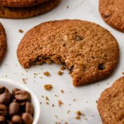 Close up view of cookie with a bite taken out of it.
