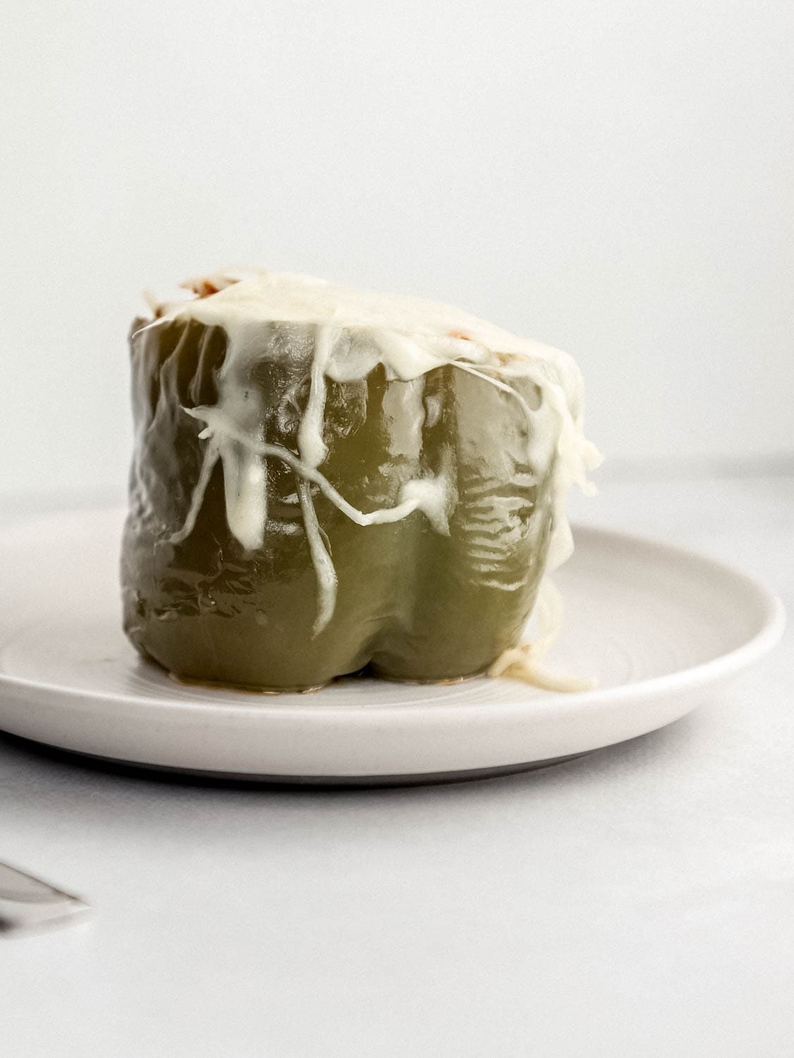 Close up side view of stuffed pepper on white plate. 