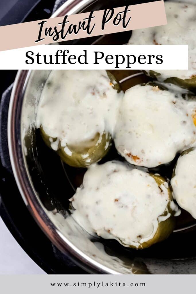 Overhead view of stuffed peppers in instant pot pin with text overlay.