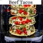 Overhead view of tacos in glass baking dish pin with text overlay.