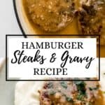 Two photos of finished steaks and gravy in pan and on plate pin with text overlay.