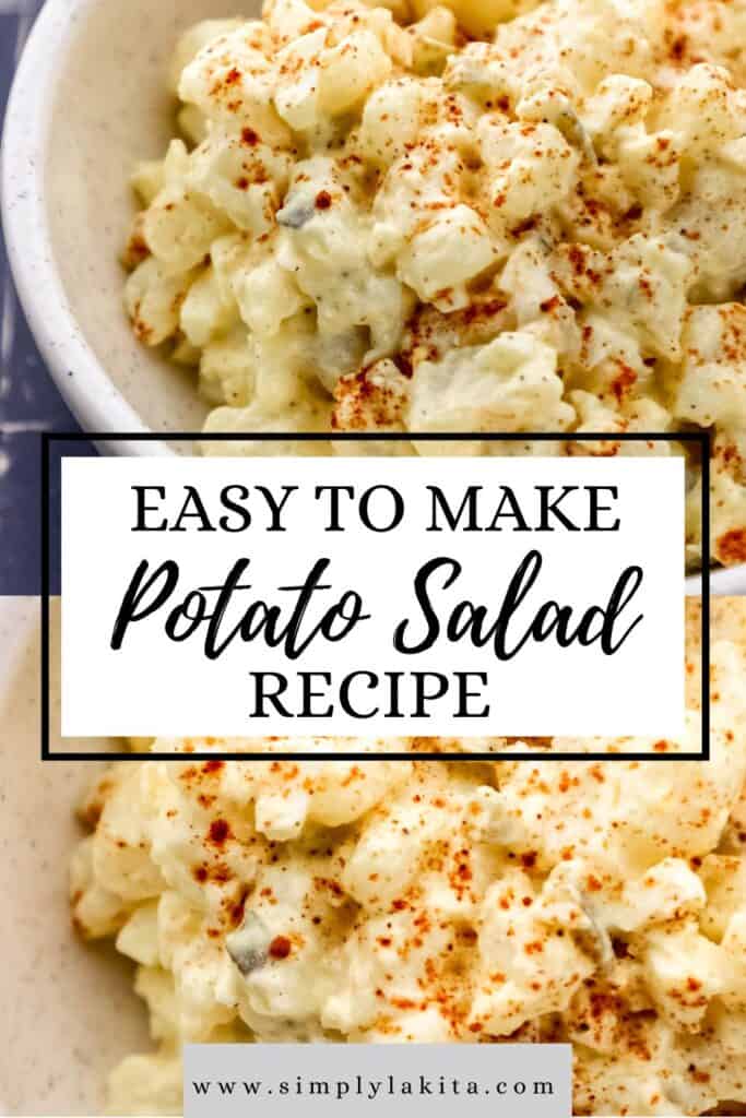 Two photos of finished potato salad on pin with text overlay.