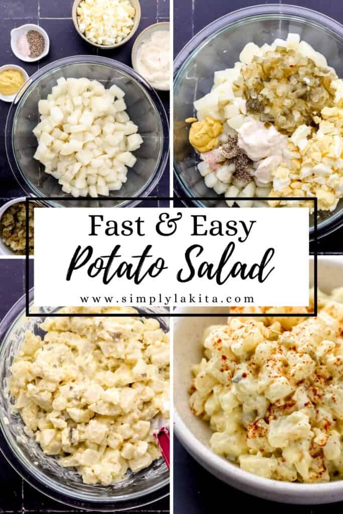 Four photos of process to make potato salad on pin with text overlay.