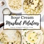 Four photos of process to make mashed potatoes on pin with text overlay.